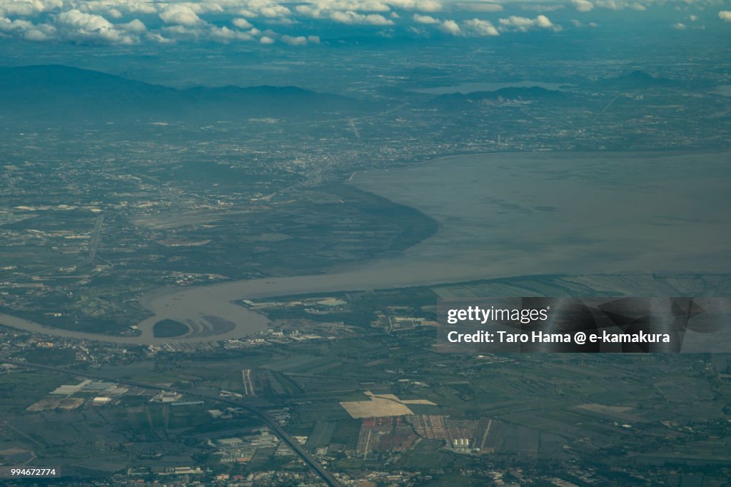 Gulf of Thailand, Chachoengsao and Chonburi Province in Thailand daytime aerial view from airplane