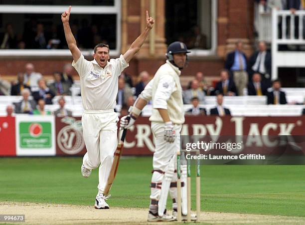 Glenn McGrath of Australia celebrates trapping Michael Atherton of England leg before wicket during the match between England and Australia in the...