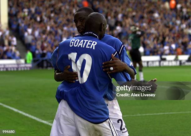 Shaun Goater of Man City celebrates his first goal with Paulo Wanchope during the Nationwide First Division match between Manchester City and Crewe...