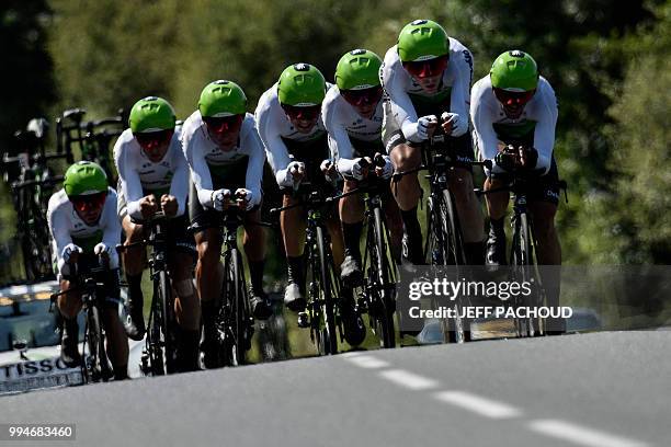 Riders of South Africa's Team Dimension Data cycling team pedal during the third stage of the 105th edition of the Tour de France cycling race, a...