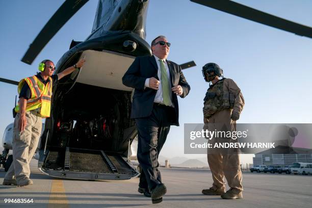 Secretary of State Mike Pompeo arrives back at Camp Alvarado in Kabul, Afghanistan, Monday, July 9 after meeting with Afghan President Ashraf Ghani....