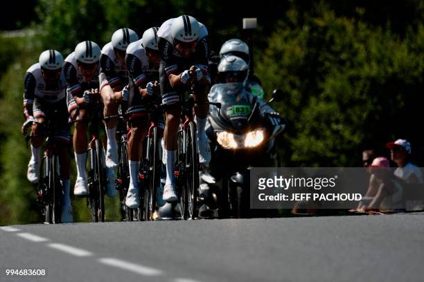 Riders of Germany's Team Sunweb cycling team pedal during the third stage of the 105th edition of the Tour de France cycling race, a 35.5 km team...