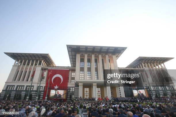 Turkey's President Tayyip Erdogan makes a speech during a ceremony at the Presidential Palace on July 9, 2018 in Ankara, Turkey. President Erdogan...