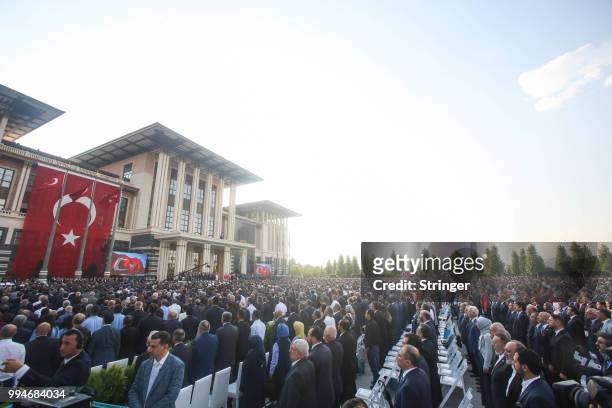 Turkey's President Tayyip Erdogan makes a speech during a ceremony at the Presidential Palace on July 9, 2018 in Ankara, Turkey. President Erdogan...