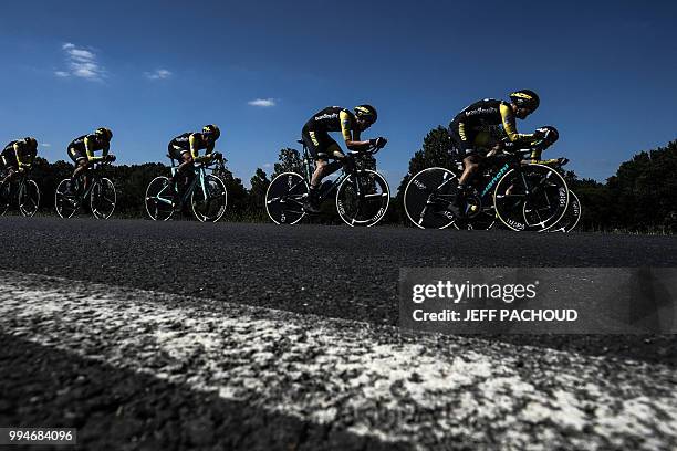 Riders of Netherlands' Team Lotto - NL Jumbo cycling team pedal during the third stage of the 105th edition of the Tour de France cycling race, a...