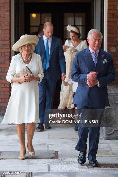 Britain's Prince Charles, Prince of Wales and Britain's Camilla, Duchess of Cornwall arrive for the christening of Britain's Prince Louis of...