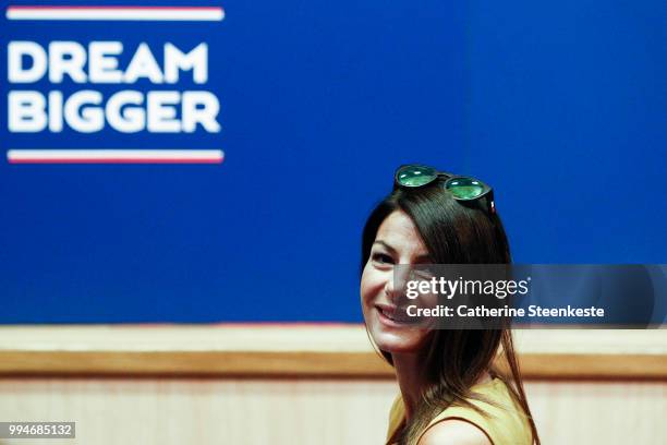 Ilaria d'Amico Gianluigi Buffon's girlfriend is attending the presentation of Gianluigi Buffon to the press by Nasser Al-Khelaïfi PSG's President at...