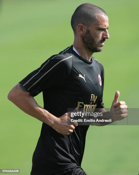 Leonardo Bonucci of AC Milan trains during the AC Milan training session at the club's training ground Milanello on July 9, 2018 in Solbiate Arno,...