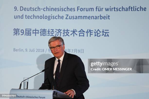 Hubert Lienhard, head of the Asia-Pacific committee addresses participants of the 9th Germany-Chinese forum for economic and technological...