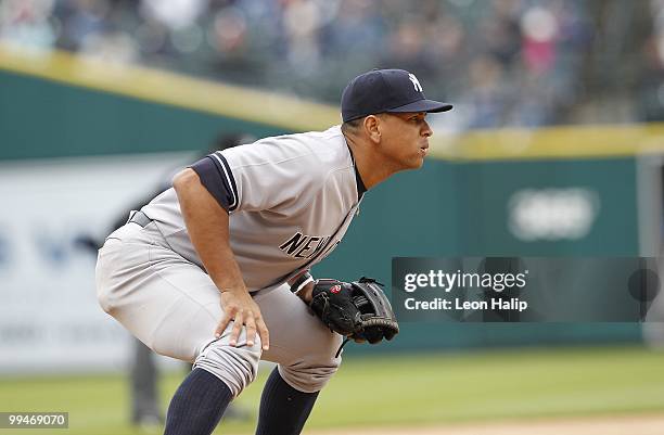 Alex Rodriguez of the New York Yankees gets set for play during the first inning against the Detroit Tigers on May 13, 2010 at Comerica Park in...