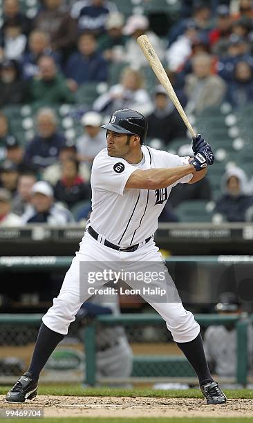 Johnny Damon of the Detroit Tigers bats in the first inning during the game against the New York Yankees on May 13, 2010 at Comerica Park in Detroit,...