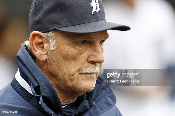 Detroit Tigers manager Jim Leyland watches the action from the dugout during the second inning of the game against the New York Yankees on May 13,...