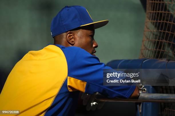 Keon Broxton of the Milwaukee Brewers looks on before the game against the Atlanta Braves at Miller Park on July 6, 2018 in Milwaukee, Wisconsin.