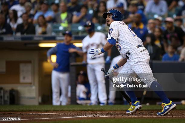 Tyler Saladino of the Milwaukee Brewers hits a home run in the third inning against the Atlanta Braves at Miller Park on July 6, 2018 in Milwaukee,...