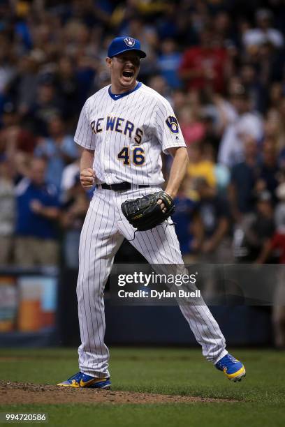 Corey Knebel of the Milwaukee Brewers celebrates after beating the Atlanta Braves 5-4 at Miller Park on July 6, 2018 in Milwaukee, Wisconsin.