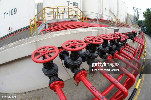 red pipe and valve at a lubricant blending plant,china - lubrication system stock pictures, royalty-free photos & images