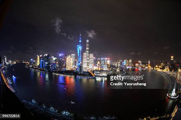 fisheye angle view of shanghai night,lujiazui and bund area - pearl district stock pictures, royalty-free photos & images