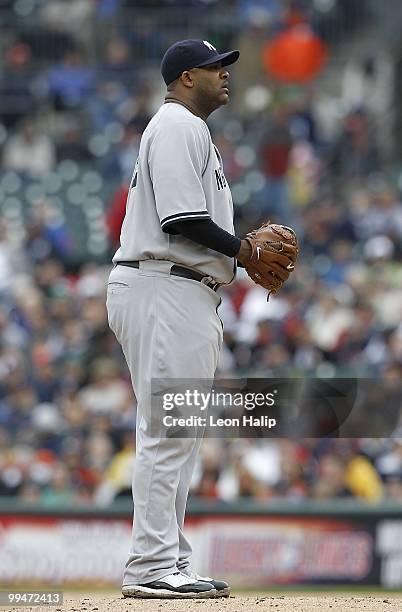 Sabathia of the New York Yankees gets set to throw a pitch during the seventh inning against the Detroit Tigers on May 13, 2010 at Comerica Park in...