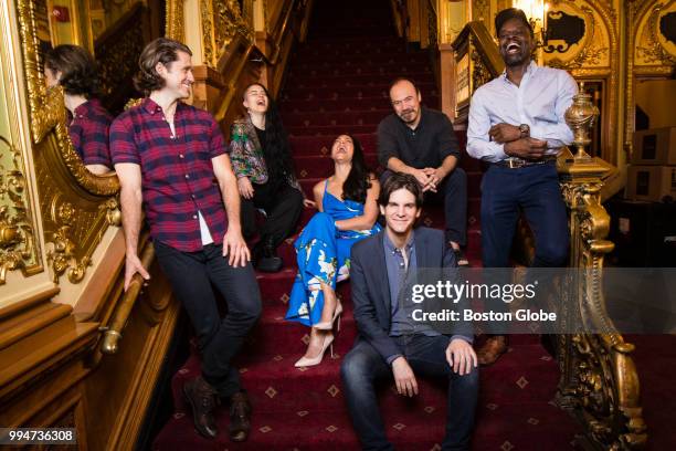 From left, cast member Aaron Tveit, choreographer Sonya Tayeh, cast member Karen Olivo, director Alex Timbers, cast member Danny Burstein and cast...