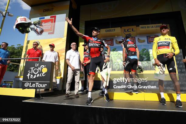 Podium / Michael Schar of Switzerland and BMC Racing Team / Greg Van Avermaet of Belgium and BMC Racing Team Yellow Leader Jersey / Celebration /...