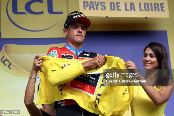Podium / Greg Van Avermaet of Belgium and BMC Racing Team Yellow Leader Jersey / Celebration / during Stage three of the 105th Tour de France 2018, a...