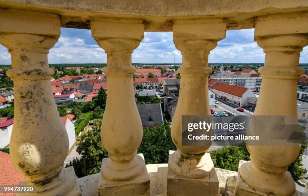 June 2018, Germany, Templin: View from the tower of the St Mary Magdalene Church in Templin onto the city centre. The city councillors of Templin are...