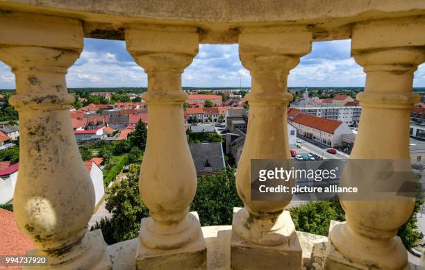 June 2018, Germany, Templin: View from the tower of the St Mary Magdalene Church in Templin onto the city centre. The city councillors of Templin are...