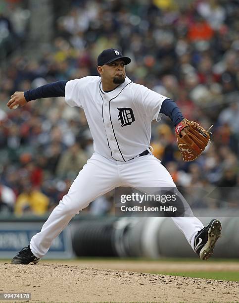 Joel Zumaya of the Detroit Tigers pitches in the eighth inning against the New York Yankees during the game on May 13, 2010 at Comerica Park in...