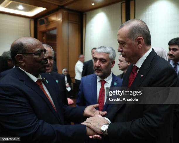 Turkish President Recep Tayyip Erdogan and speaks with President of Sudan Omar al-Bashir during his inauguration ceremony at Presidential Complex in...