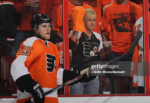 Matt Carle of the Philadelphia Flyers skates in warmups prior to his game against the Boston Bruins in Game Six of the Eastern Conference Semifinals...