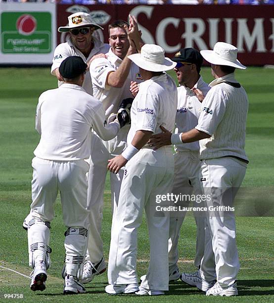 Glenn McGrath of Australia celebrates the wicket of Alec Stewart of England during the second day of the Second Npower Test between England and...