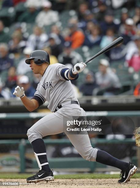 Alex Rodriguez of the New York Yankees bats in the first inning against the Detroit Tigers during the game on May 13, 2010 at Comerica Park in...