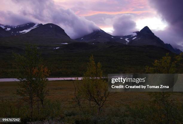 twilight scene in rapadalen valley - norrbotten province stock pictures, royalty-free photos & images