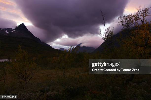 twilight scene in rapadalen valley - norrbotten province stock pictures, royalty-free photos & images