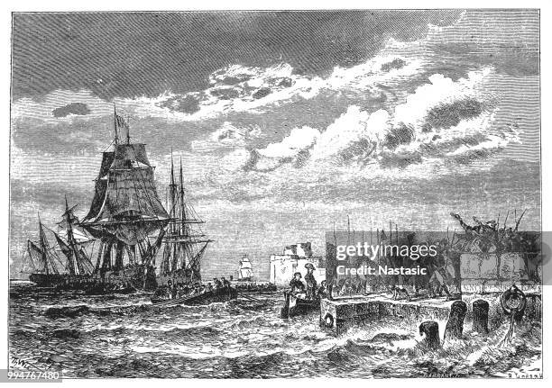 stockillustraties, clipart, cartoons en iconen met napoleons landing in de baai van san juan in cannes. - cannes