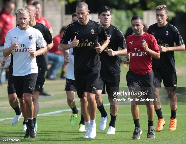 Leonardo Bonucci of AC Milan trains with his teammates during the AC Milan training session at the club's training ground Milanello on July 9, 2018...