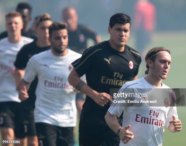 Alen Halilovic of AC Milan trains during the AC Milan training session at the club's training ground Milanello on July 9, 2018 in Solbiate Arno,...