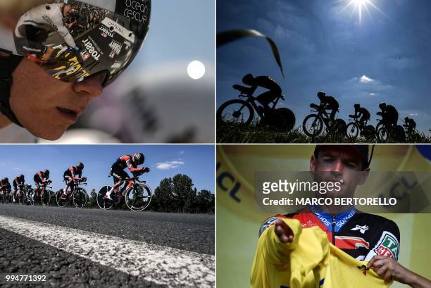 Combination of photos taken on July 9, 2018 during the third stage of the 105th edition of the Tour de France cycling race, a 35.5 km team time-trial...