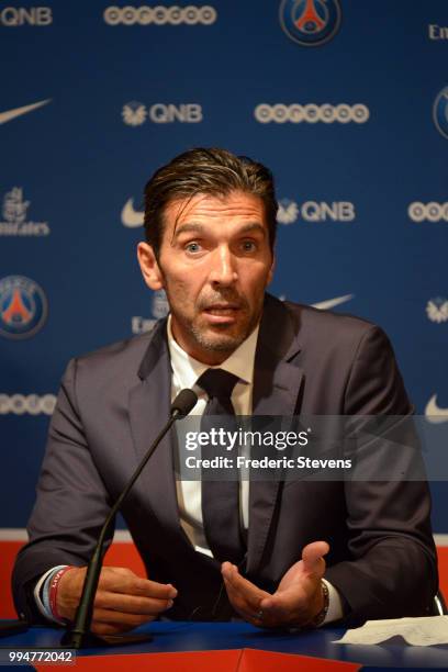 Gianluiggi Buffon of Paris Saint-Germain answers to the media during his official presentation after signing for PSG at Parc des Princes on July 9,...