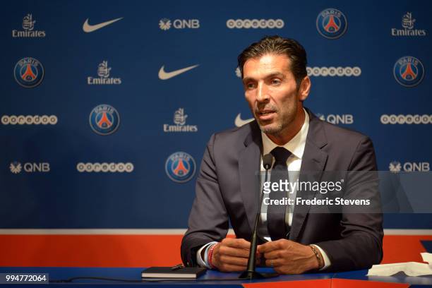 Gianluiggi Buffon of Paris Saint-Germain answers to the media during his official presentation after signing for PSG at Parc des Princes on July 9,...