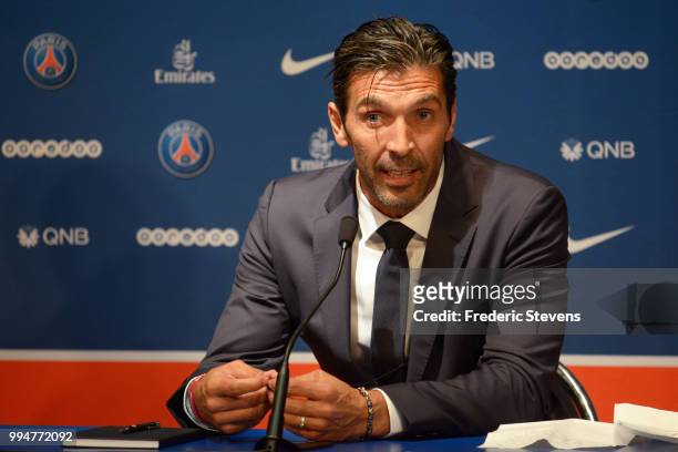 Gianluiggi Buffon of Paris Saint-Germain answers to the media during his official presentation after signing for PSG at Parc des Princes on July 9,...