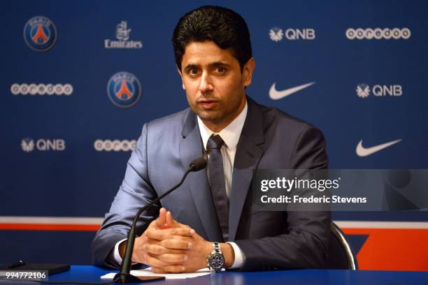 President of Paris Saint Germain Nasser Al-Khelaifi during the Italian Gianluiggi Buffon official presentation after signing for PSG at Parc des...