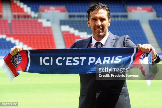 Gianluiggi Buffon poses during his official presentation after signing for PSG at Parc des Princes on July 9, 2018 in Paris, France.