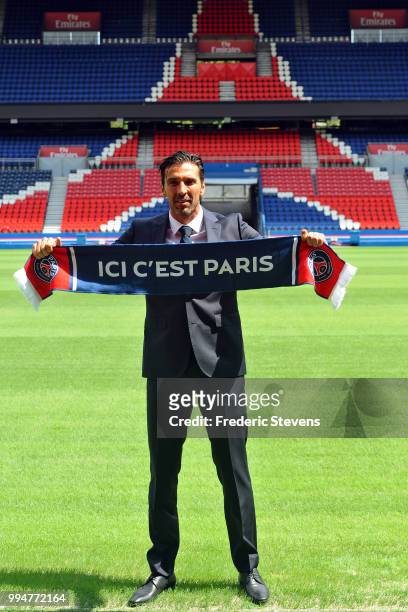 Gianluiggi Buffon poses during his official presentation after signing for PSG at Parc des Princes on July 9, 2018 in Paris, France.