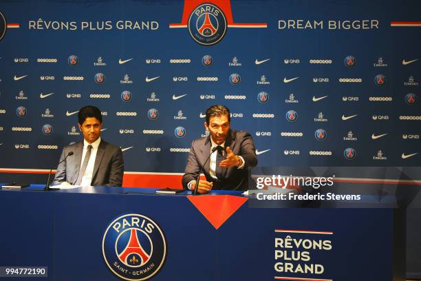 President of PSG Nasser Al-Khelaifi and Gianluiggi Buffon of Paris Saint-Germain answer to the media during the Italian official presentation after...