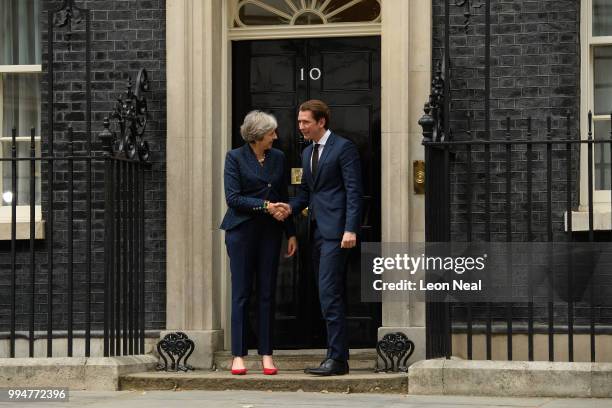 British Prime Minister Theresa May greets the Austrian Chancellor Sebastian Kurz in Downing Street on July 9, 2018 in London, England. The British...