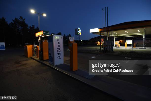 gas station and diesel exhaust fluid pump at jönköping, sweden - jonkoping stock pictures, royalty-free photos & images