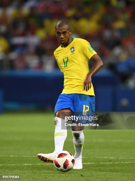 Fernandinho of Brazil in action during the 2018 FIFA World Cup Russia Quarter Final match between Brazil and Belgium at Kazan Arena on July 6, 2018...