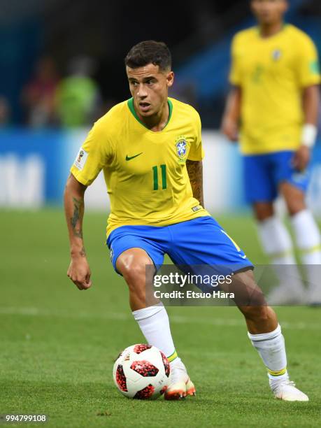 Philippe Coutinho of Brazil in action during the 2018 FIFA World Cup Russia Quarter Final match between Brazil and Belgium at Kazan Arena on July 6,...