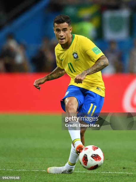 Philippe Coutinho of Brazil in action during the 2018 FIFA World Cup Russia Quarter Final match between Brazil and Belgium at Kazan Arena on July 6,...